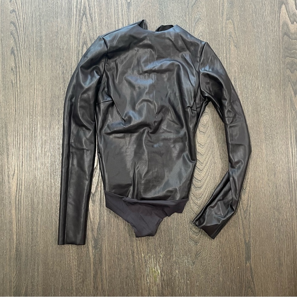 NWT Skims Faux Leather Mock Neck Bodysuit Soot - Size S